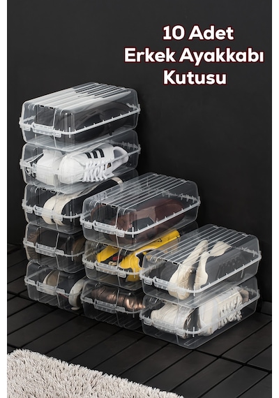 Porsima 3207 10 Adet Erkek Ayakkabı Saklama Kutusu - Şeffaf Pratik Ayakkabı Kabı Düzenleyici Saklama Seti ŞEFFAF
