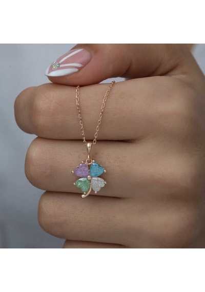 925 Ayar Gümüş Rose Renkli Taşlı Yonca Kadın Gümüş Kolye