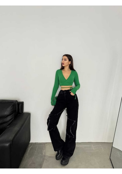 Shevega Kadın Siyah Bacak Yildizli Bol Paça Kot Jeans Pantolon Siyah