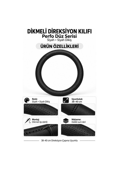 Trobus Audi A6 2019-2025 Uyumlu Dikmeli Direksiyon Kılıfı Perfo Düz Siyah Siyah Dikiş Siyah - Siyah Dikiş