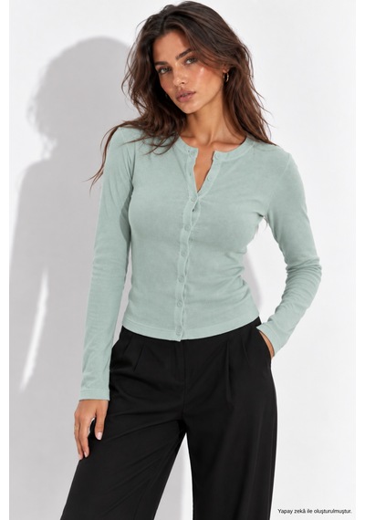 Wild Bee Kadın Mint Pamuklu Vücudu Saran Düğmeli Basic Hırka Bluz Mint Yeşili