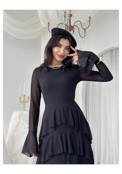 Nils Butik Katlı Şifon Detaylı Uzun Abiye Elbise Siyah