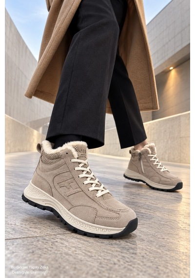 Muggo Nortex Kürklü Fermuarlı Kalın Taban Bağcıklı Kışlık Kadın Sneaker Bot Bej
