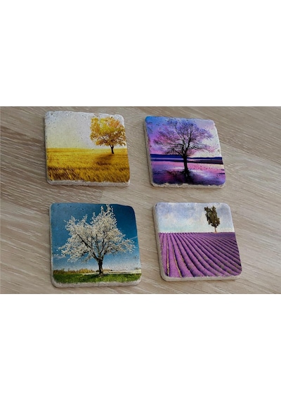 Tek Ağaçlı Manzaralar Doğal Taş Bardak Altlığı 4'lü Set - Natural Stone Coasters-174257 Mor