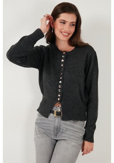 Lela Premium Comfort Fit Yuvarlak Yaka Crop Triko Bayan Hırka 680Hi00164 Antrasit