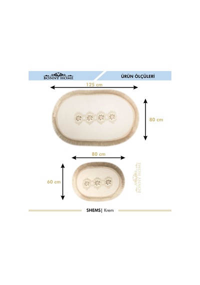 Shems Oval Krem 2'li Dantelli Ve Saçaklı Banyo Halısı Paspası Set Krem