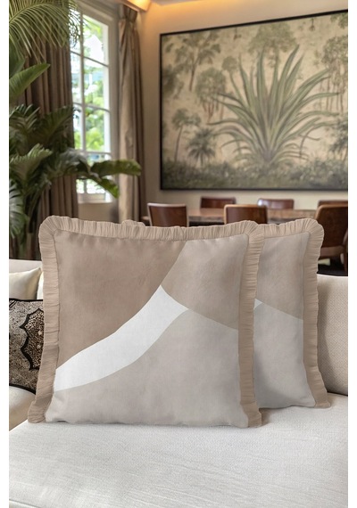 Modern Lüks Saçaklı Yastık Kılıfı - Geometrik Minimalist Bej Modern Püsküllü Kırlent Kılıfı Batımı Koyu Taba