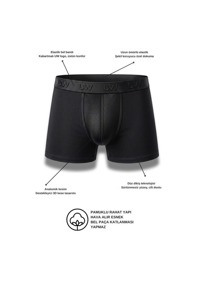 Underworld Erkek 6'lı Paket Siyah Likralı Pamuklu Premium Boxer Seti S S