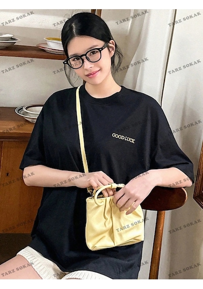 Startmore Good Lucky Baskılı Oversize Kalıp Unisex T-shirt Siyah