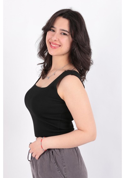 Fashion Friends 24y0327k1 Kadın Kare Yaka Fitilli Crop Örme Bluz Siyah