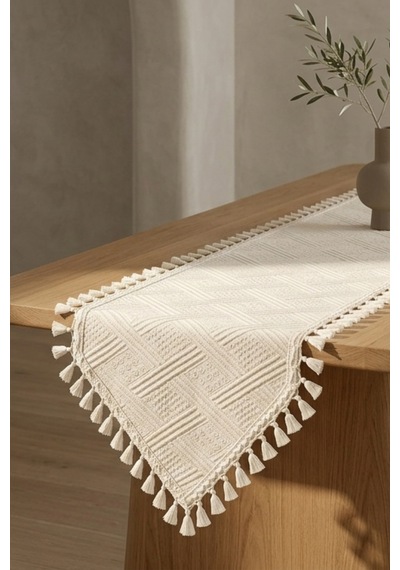 Anadolu Mozaiği Desenli Püsküllü Buldan İşi Pamuk Runner Masa Örtüsü 50x140 Cm Bej
