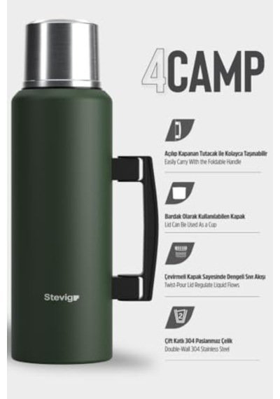 4 Camp Klasik Vakumlu Kulplu Çelik Termos 1.5 Lt. Green St-206 Açık Beyaz