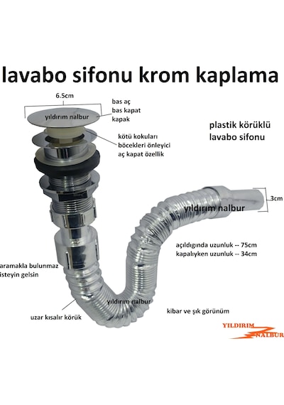 Lavabo Sifonu Körüklü Plastik Lüks Model Krom Lavabo Gider