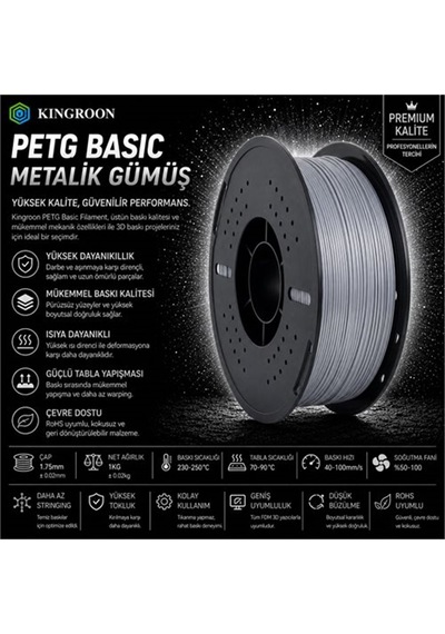Kingroon Petg Basic Metalik Gümüş Filament 1,75 Mm 1 Kg
