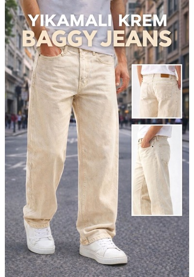 Erkek Yıkamalı Krem Baggy Jean Pantolon Günlük Rahat Kesim Krem
