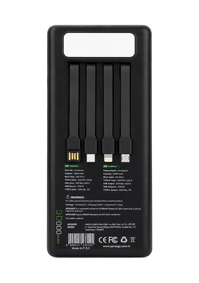 30.000 Mah, 33w Pd, Hızlı Şarjlı ,lcd ,kılıflı Güçlü Powerbank Siyah