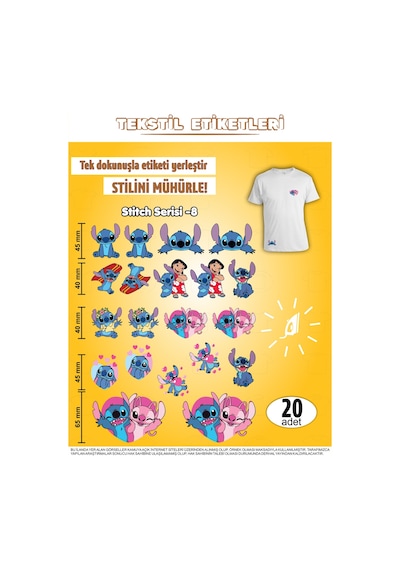 Ütü İle Yapışan Kıyafet Etiketi Stitch Serisi -8 20li Set Karışık