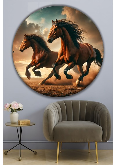 Koşan Asil Atlar Temalı Yuvarlak Dekoratif Duvar Tablosu Modern Salon Ve Ofis Dekoratif Cam Tablo Hayvan Figürlü Dekoratif Duvar Tablosu, Salon, Ofis Ve Çalışma Alanı Dekoru, 80x80 Cm
