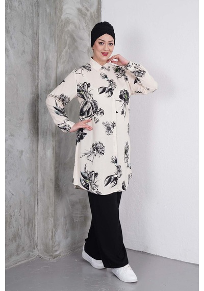 Polologin Butik Siyah Beyaz Çiçekli Tunik Pantolon Takımı Siyah & Beyaz