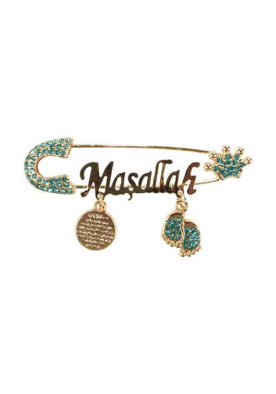 Unisex Mavi Taşlı Gold Maşallah Yazılı Bebek Yaka İğnesi Çok Renkli