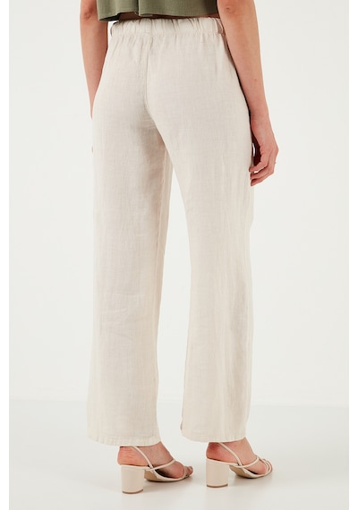 Lela Relaxed Fit Normal Bel Geniş Paça Çift Cepli Keten Bayan Pantolon 668Yp4991 Taş