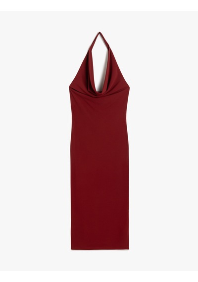 Koton Kolsuz Slim Fit Midi Boy Degaje Yaka Dekolte Elbise Bordo 5sak80064ek Bordo