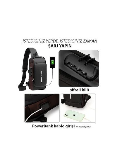 Newish Polo Siyah - Kahverengi Unisex Vegan Deri Ayarlanabilir Çapraz Askılı Göğüs Omuz Ve Bel Mini Sırt Çantası - Erkek Siyah - Kahverengi