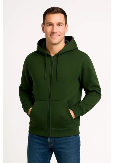 Erkek 3 İplik Pamuklu Kapüşonlu Tam Fermuarlı Cepli Hoodie Sweatshirt - Haki