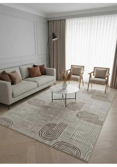Nesrin Kaymaz Jel Taban Modern Kesme Yolluk Salon Halisi Kahve Krem Yuvarlakli