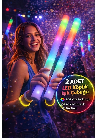 Led Köpük Işık Çubuğu 2 Adet 40 Cm Rgb Işıklı Parti Konser Düğün Doğum Günü Eğlence Çubuğu Tek Mod 3+ Yaş