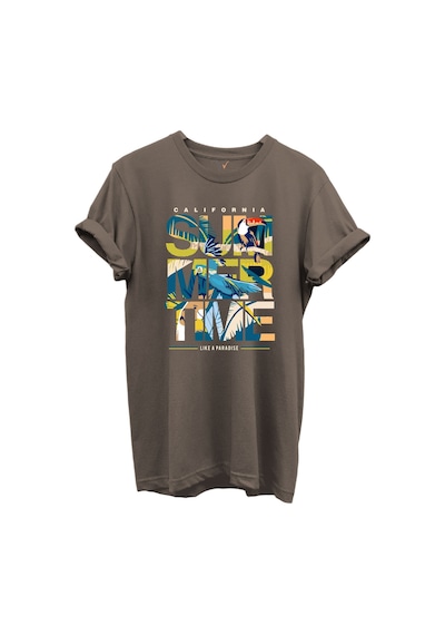 California Summertime Ve Tropikal Papağan Ve Palmiye Desenli %100 Pamuk Regular Fit Unisex T-shirt Kahverengi