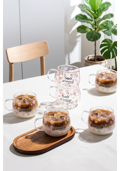 Porsima 2089 6lı Borosilikat Isıya Ateşe Dayanıklı Cam Kulplu Çay Bardağı Kahve Bardak Kupa Sarı 400 Ml