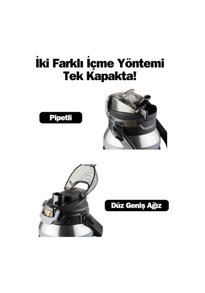 Tkk Büyük Boy 1000ml Pipetli/pipetsiz Kullanım Askılı Paslanmaz Çelik Termos Matara Siyah Sku: Smg8690010590350 Açık