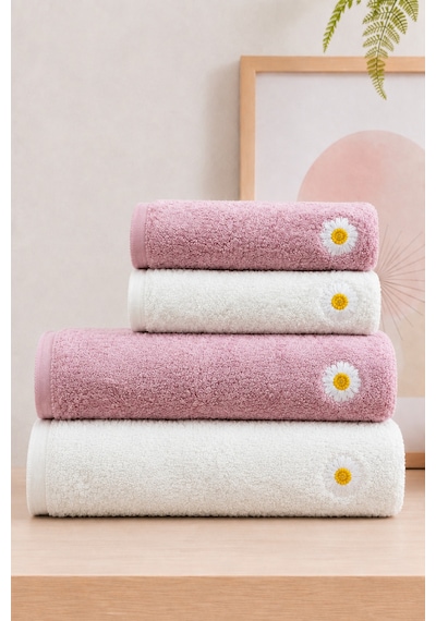 Lina 4'lü %100 Pamuk Bambu Nakışlı El - Yüz - Baş / Mutfak Havlusu Seti 2 Adet 50x90 Cm - 2 Adet 30x50 Analı Kızlı Çeyizlik Havlu Seti Premium, Yumuşak, Emici Ve Dayanıklı Krem - Pembe