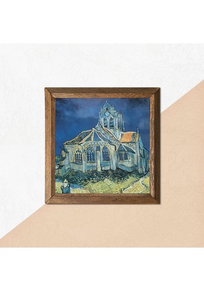 Pinecone Vincent Van Gogh Auvers'deki Kilise Taş Duvar Tablosu - Ahşap Çerçeveli Taş Tablo - 25x25 Cm - Dekoratif Duvar Sanatı - Modern Ev Ve Ofis Duvar Dekoru W1-289