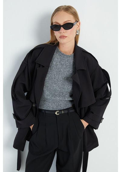 Fullamoda Beli Kemerli Kruvaze Yaka Oversize Trençkot Siyah
