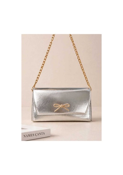 Names Bag Fiyonk Taş Detaylı Zincir Askılı 2 Bölmeli Abiye Çanta Gümüş Gümüş