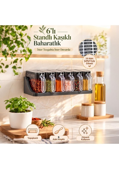 1182 6 Lı Standlı Kendinden Yapışkanlı Kapaklı Kaşıklı Baharatlık Takımı - Baharatlık - Antrasit Çok Renkli