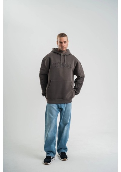 Mbb E-ticaret Erkek Nakışlı Kapüşonlu Oversize 3 İplik Pamuklu Sweatshirt Hoodie - Füme