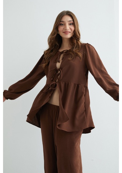 Fullamoda Fullamodest Önü Bağlamalı Ayrobin Kimono 2 Li Takım Kahve