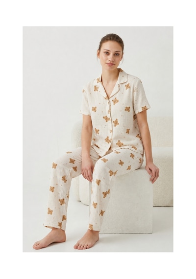 Fit Women V Yaka Kapama Lastik Bel Kar Beyaz Pijama Takımı Kırık Beyaz