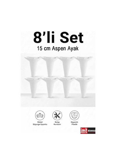 Aspen 15 Cm Beyaz 8'li Set Koltuk Baza Dolap Tv Ünitesi Yatak Odası Konsol Ayağı Beyaz