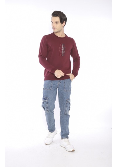 Escetic Erkek Spor Slimfit, Bisiklet Yaka Bordo Sweatshirt-4268 Bordo