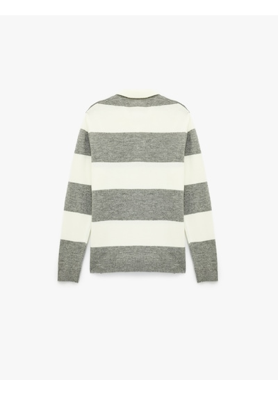 Koton Regular Fit Uzun Kollu Polo Yaka Triko Kazak Gri Çizgili 6wam70012ht Gri Çizgili