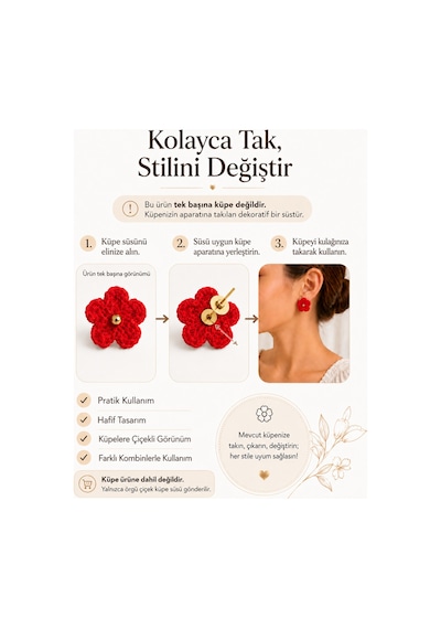 Çiçek Papatya Küpe Süsü Tak Çıkar Küpe Aksesuarı Kırmızı