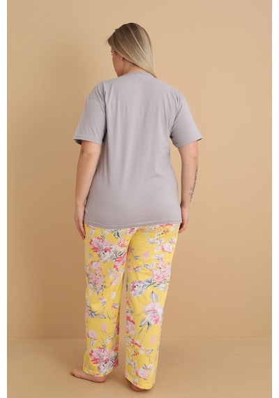 Wordex Mirano 4500 Kısa Kollu Çiçekli Süprem Kumaş Büyük Beden Kadın Pijama Takımı Gri