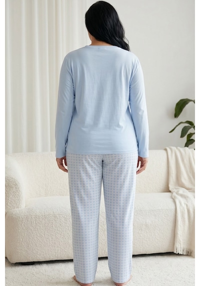 Siyah İnci Pamuklu Likralı Büyük Beden Battal Boy Örme Pijama Takım26240878 mavi