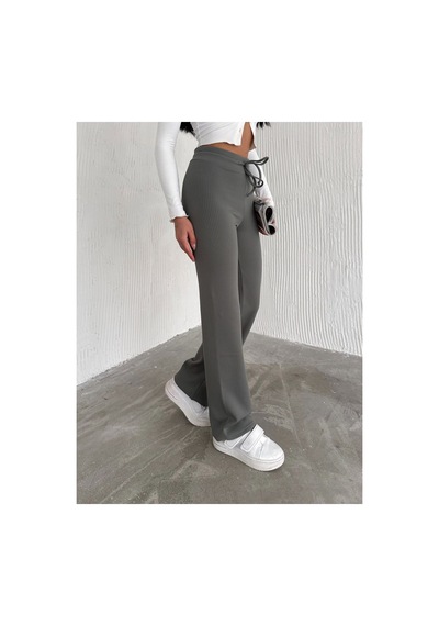 Dechival Kadın Bol Paça Fitilli Pantolon Yazlık Wide Leg Eşofman Altı Haki