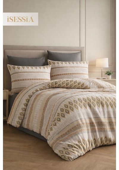 Mira Çift Kişilik Lastikli Çarşaflı Nevresim Takımı Bej - Motif