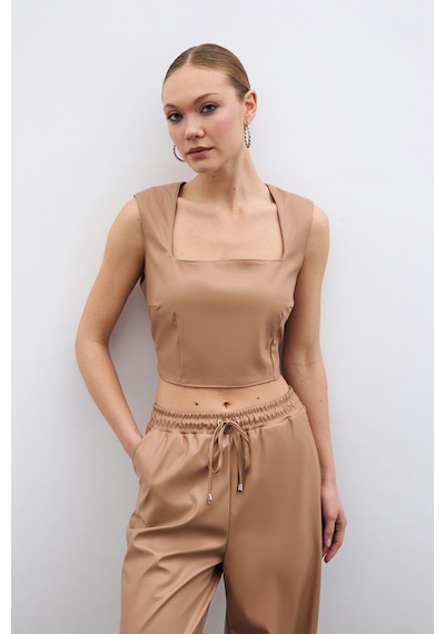 Sateen Kare Yaka Deri Crop - Bej-135671 Bej